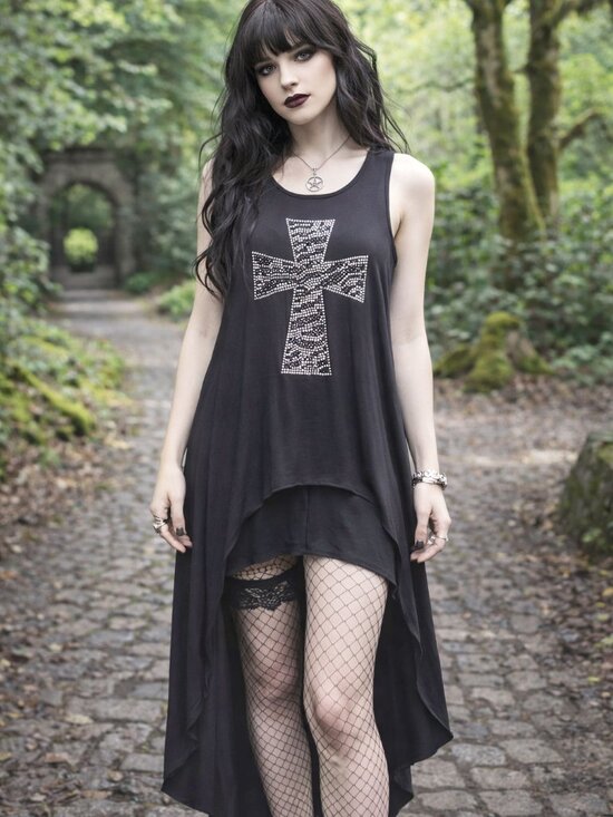 Twik Vintage Black High Low Dress Rhinestone Cross Sleeveless Whimsygoth - Picture 2 of 14